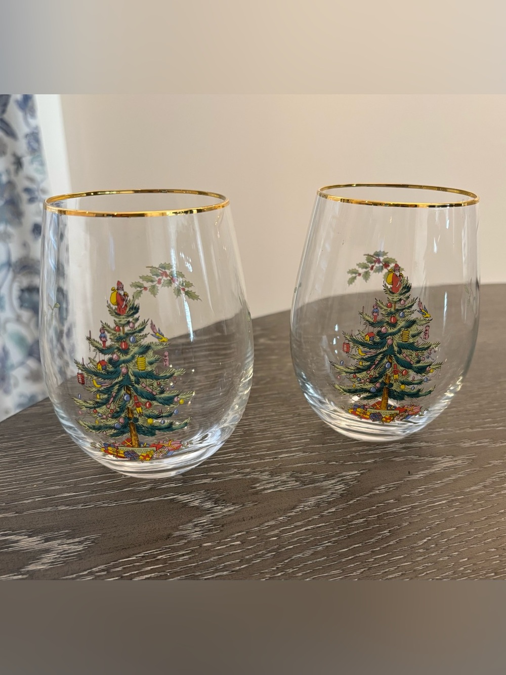 Spode Christmas Tree Stemless 19 Ounce Wine Glasses 22 Karat Gold Rims Set of 2